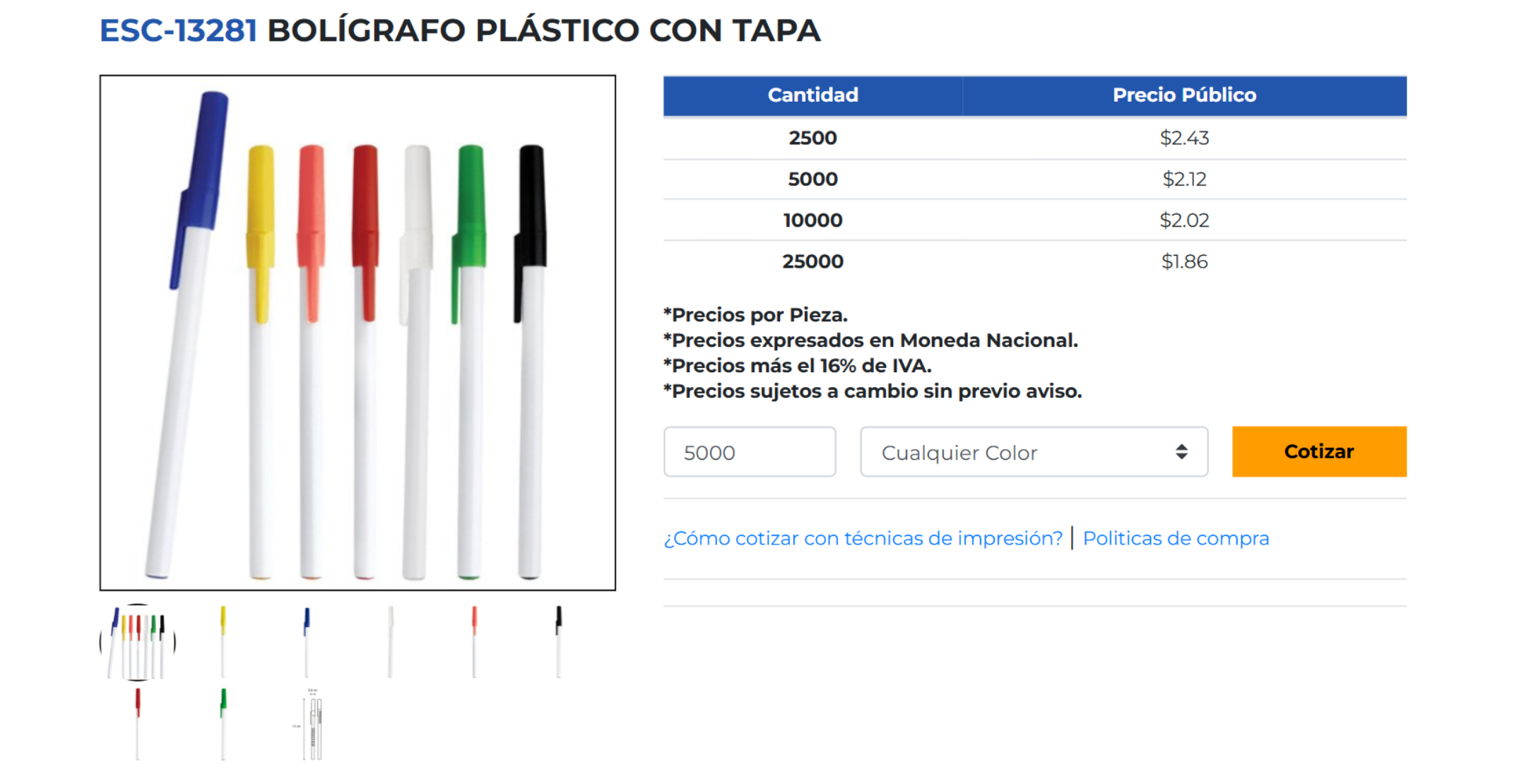 Cotizador en la ficha del producto: campos de cantidad y color, tabla de precios por volumen y botón COTIZAR